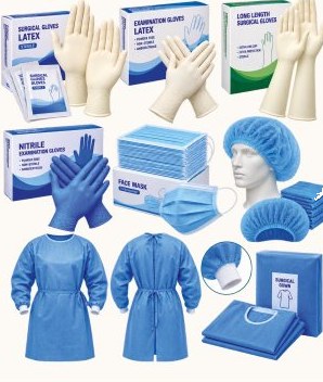 Gloves, masks, caps and gowns